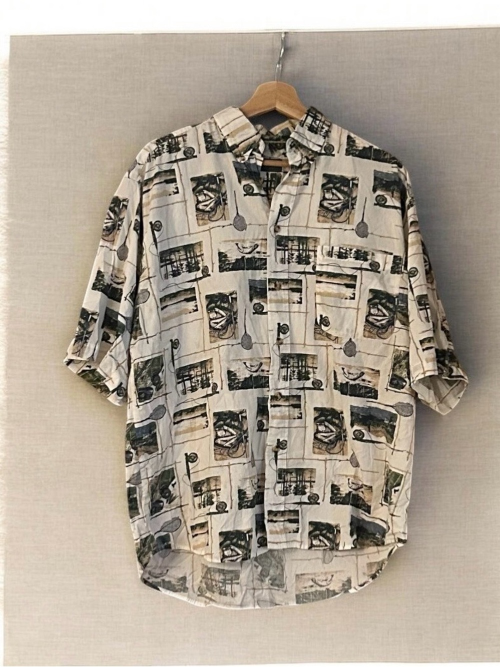 Vintage 90s Great Northwest Shirt XL Fly Fishing Lures Trout Print Camp Dad